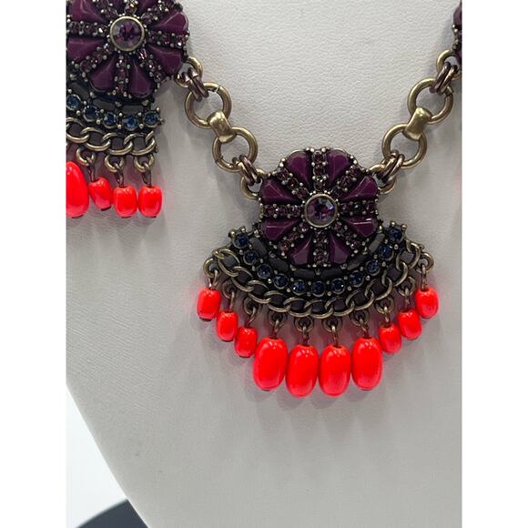 J. CREW Fan Fringe Flower Purple Orange Gold Tone Statement Bib Necklace - Picture 3 of 16